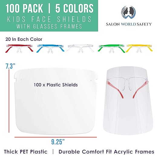 TCP Global Salon World Safety 100 Kids Face Shields with Glasses Frames (20 Packs of 5) - 5 Colors, 20 Each - Protective Children's Full Face Shields to Protect Eyes Nose Mouth - Anti-Fog PET Plastic