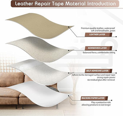 KING MOUNTAIN Leather Repair Patch,16 x 60 Inches self Adhesive Leather Repair Tape for Damaged Leather Furniture, Sofa Seating,Car Seats, Leather Goods（Medium Beige）