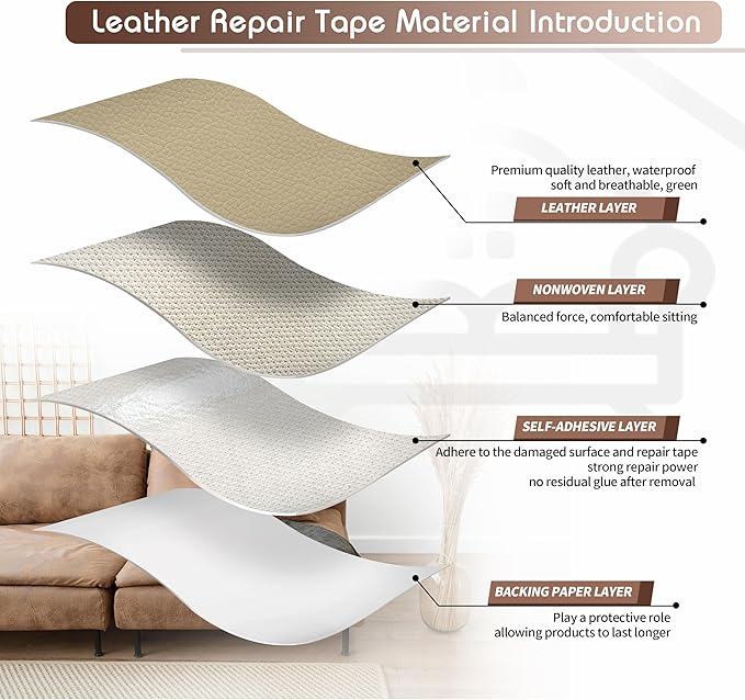 KING MOUNTAIN Leather Repair Patch,12 x 60 Inches self Adhesive Leather Repair Tape for Damaged Leather Furniture, Sofa Seating,Car Seats, Leather Goods（Medium Beige）