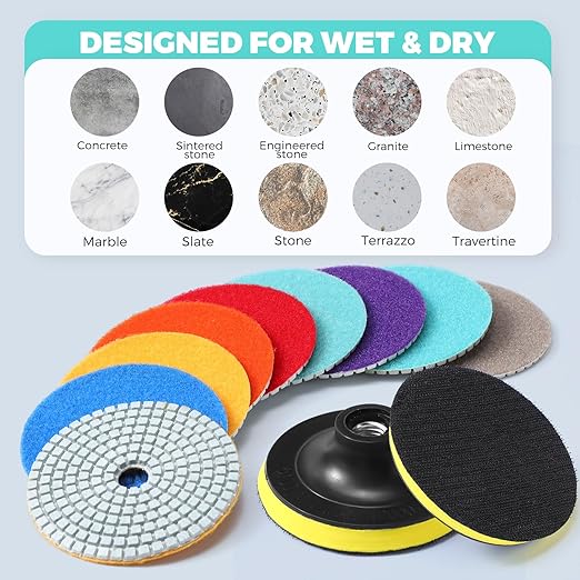 Blosssound 20 Pcs 4 Inch Diamond Polishing Pads with 5/8''-11 Backer Pad and Drill Bit Adapter Wet Dry Polish Pad Kit Granite Polishing Kit 30-10000 Grit Pads for Granite Marble Stone