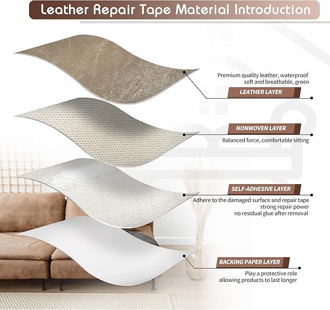 KING MOUNTAIN Leather Repair Patch,16 x 60 Inches self Adhesive Leather Repair Tape for Damaged Leather Furniture, Sofa Seating,Car Seats, Leather Goods（Khaki）