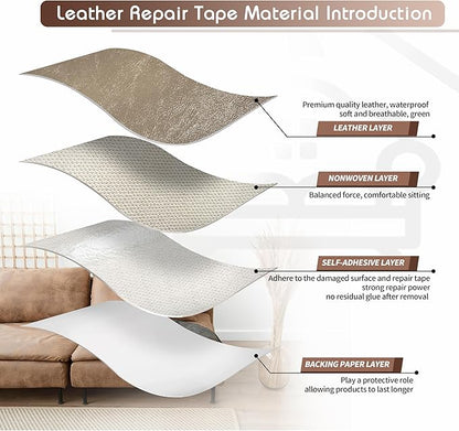 KING MOUNTAIN Leather Repair Patch,4 x 63 Inches self Adhesive Leather Repair Tape for Damaged Leather Furniture, Sofa Seating,Car Seats, Leather Goods（Khaki）