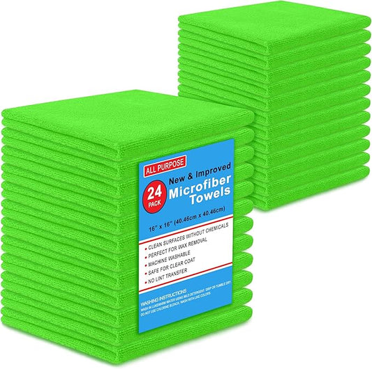 Blue Horizon Microfiber Cleaning Towels, Pack of 24, Ultra Soft Plush Washcloth, All Purpose Premium Microfiber Detailing Cleaning Cloths Reusable Shop Towels (16" x 16", Green)