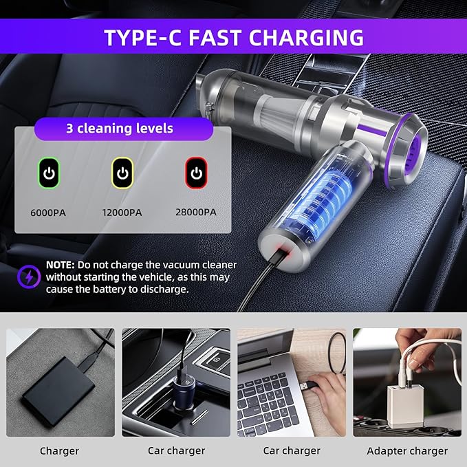 CUGEFRE Handheld Vacuum Cordless, 28000Pa 4 in 1 Car Vacuum Portable Cordless, One-Touch Dust Removal, 3-Speed Brushless Motor Mini Vacuum, Ideal for Home, Car, Office, and Pet Hair Cleanup, Silver