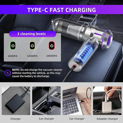 CUGEFRE Handheld Vacuum Cordless, 28000Pa 4 in 1 Car Vacuum Portable Cordless, One-Touch Dust Removal, 3-Speed Brushless Motor Mini Vacuum, Ideal for Home, Car, Office, and Pet Hair Cleanup, Silver