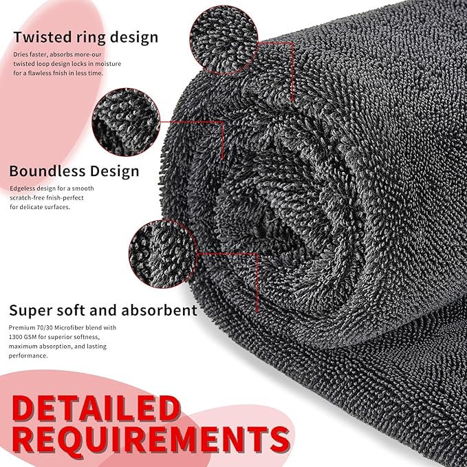 Wasal Car Drying Towel - 24" x 36" XL, Popular Pick Among Detailing Pro- 1300 GSM Microfiber Edgeless Twisted Loop Design - 70/30 Blend, Extra Large,Super-Fast Drying, Streak Free
