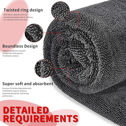 Wasal Car Drying Towel - 24" x 36" XL, Popular Pick Among Detailing Pro- 1300 GSM Microfiber Edgeless Twisted Loop Design - 70/30 Blend, Extra Large,Super-Fast Drying, Streak Free