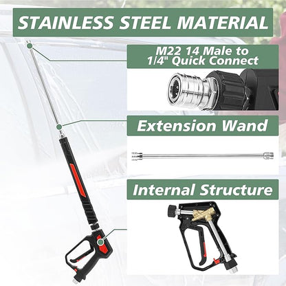 RIDGE WASHER Pressure Washer Gun 5000 PSI, 12 GPM, Power Washer Gun with Stainless Steel Extension Wand, Detachable M22 14 Male to 1/4" Quick Connect, 360° Swivel 3/8'' NPT Thread, M22 Fitting