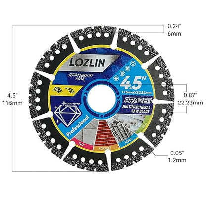 LOZLIN 3-Pack 4.5" Diamond Multi-Purpose Saw Blades - Heavy Duty Angle Grinder Discs for Cutting Marble/Quartz/Stone/Tile/Metal/Plastic