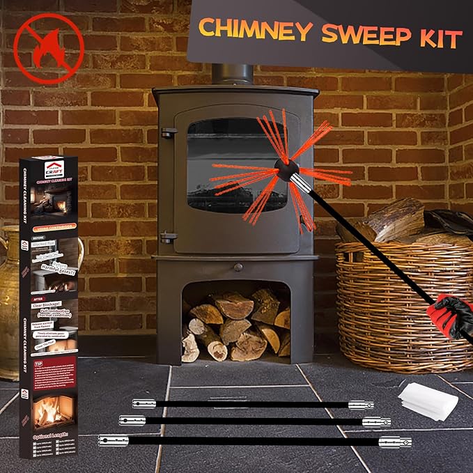 Cleancraft 26 Feet Chimney Sweep Kit, Chimney Cleaning Kit with 8 Flexible Black Chimney Rods, Chimney Brush for Sweeping Fireplace, Rotary Chimney Cleaning System Driven by Drill