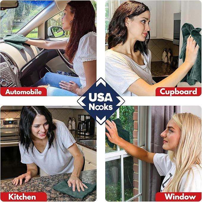 USANOOKS Microfiber Cleaning Cloth - 1200 Washes, Ultra Absorbent Towels Grip Root Weave Grime - 08pack - Dark Green