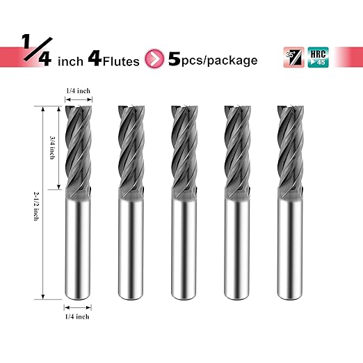 SPEED TIGER Micrograin Carbide Square End Mill - 4 Flute - ISE1/4 4T (5 Pieces, 1/4") - for Milling Alloy Steels, Hardened Steel, Metal & More – Mill Bits Sets for DIYers & Professionals