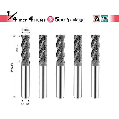 SPEED TIGER Micrograin Carbide Square End Mill - 4 Flute - ISE1/4 4T (5 Pieces, 1/4") - for Milling Alloy Steels, Hardened Steel, Metal & More – Mill Bits Sets for DIYers & Professionals