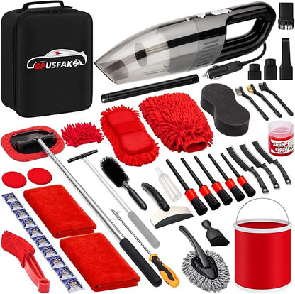 GPUSFAK 47Pcs Car Wash Cleaning Kit with High Power Handheld Vacuum Windshield Cleaning Tool with Side Mirror Squeegee Bucket Detailing Brushes Tire Brush Towels Complete Detailing Set for Car