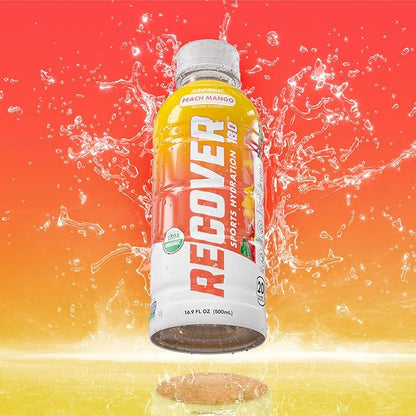 RECOVER 180 Organic Sports Hydration Drink, No Sugar Added, 20 Calorie Sports Beverage, Organic Flavors With Vitamins, Potassium-Packed Electrolytes (16.9 Fl Oz (Pack of 12), Peach Mango)