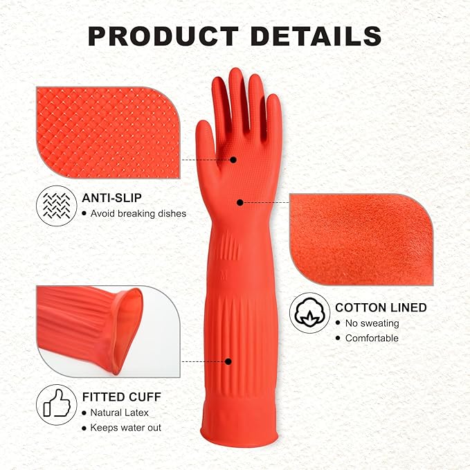 North Tower Kitchen Washing Room Gloves Fleece Lined, Reusable, Waterproof with Extra-Long Cuff & Anti-Slip Design for Household & Kitchen Use,15",2 Pairs Small