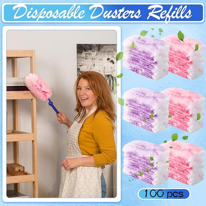Vesici 100 Pcs Duster Refills Compatible with Swiffer Dusters Bulk Disposable Replacement Thickened with 1 Handle Heavy Duty for Cleaning, Office (Purple and Pink)