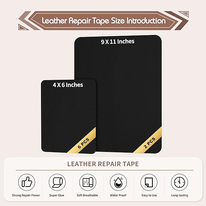 KING MOUNTAIN Leather Repair Patch,2 Packs 9 x 11 Inches self Adhesive Leather Repair Tape for Damaged Leather Furniture, Sofa Seating,Car Seats, Leather Goods(Black)