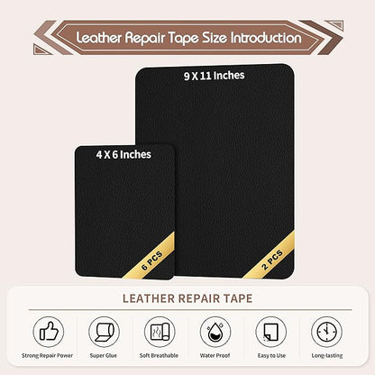 KING MOUNTAIN Leather Repair Patch,2 Packs 9 x 11 Inches self Adhesive Leather Repair Tape for Damaged Leather Furniture, Sofa Seating,Car Seats, Leather Goods(Black)