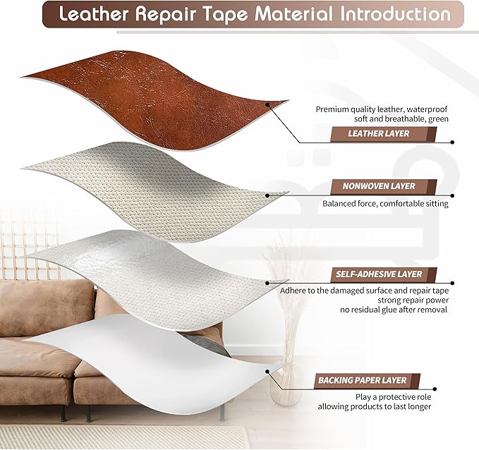 KING MOUNTAIN Leather Repair Patch,12 x 60 Inches self Adhesive Leather Repair Tape for Damaged Leather Furniture, Sofa Seating,Car Seats, Leather Goods（Brown）