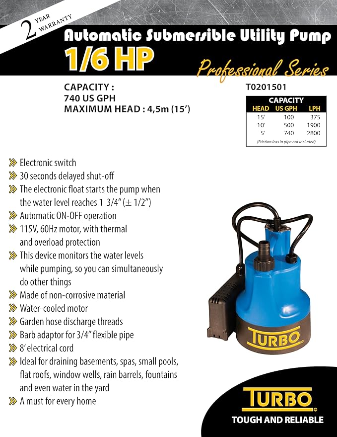Turbo 1/6HP Submersible Utility Pump with Electronic Switch