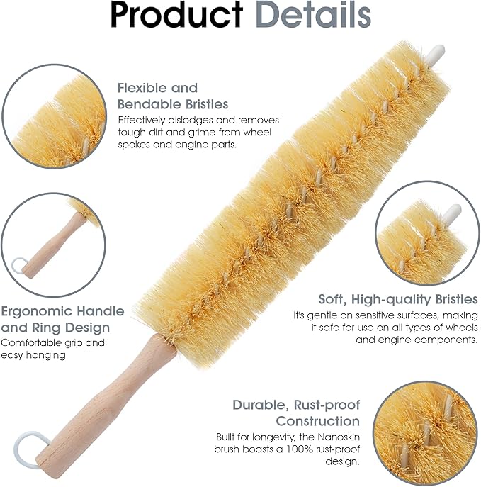 Nanoskin Ultra-Reach 17-Inch Professional Car Detailing Brush for Spokes, Wheels, Engines - Long Handle, Flexible Bristles, Scratch-Free Cleaning for Auto, Truck, Motorcycle