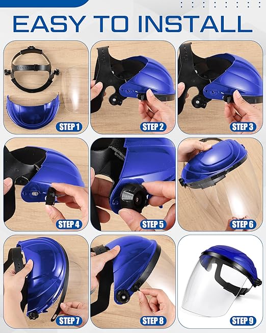 Tellegloww 4 Pcs Safety Face Shield for Grinding and Cutting, Clear Impact Resistant Visor, Full Face Shield Mask with Ratchet Headgear for Grinding, Isolation, Weed Whacking, Industrial Use (Blue)