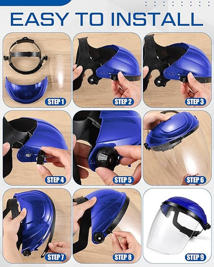 Tellegloww 4 Pcs Safety Face Shield for Grinding and Cutting, Clear Impact Resistant Visor, Full Face Shield Mask with Ratchet Headgear for Grinding, Isolation, Weed Whacking, Industrial Use (Blue)