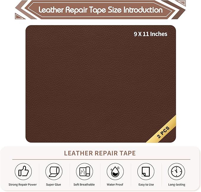 KING MOUNTAIN Leather Repair Patch,2 Packs 9 x 11 Inches self Adhesive Leather Repair Tape for Damaged Leather Furniture, Sofa Seating,Car Seats, Leather Goods(Medium Brown)