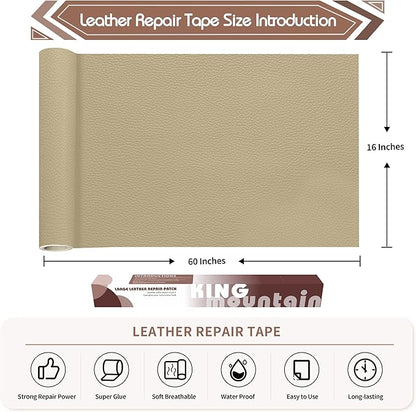 KING MOUNTAIN Leather Repair Patch,16 x 60 Inches self Adhesive Leather Repair Tape for Damaged Leather Furniture, Sofa Seating,Car Seats, Leather Goods（Medium Beige）