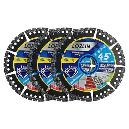 LOZLIN 3-Pack 4.5" Diamond Multi-Purpose Saw Blades - Heavy Duty Angle Grinder Discs for Cutting Marble/Quartz/Stone/Tile/Metal/Plastic