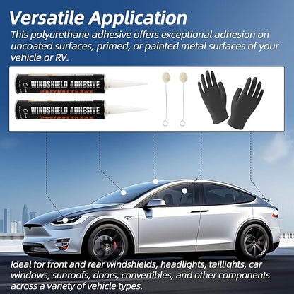 Calvana (2-Pack) Urethane Windshield Adhesive, Automotive Polyurethane Sealant, Car Glass Chip & Crack Repair Kit with 1 Pair Gloves, Quick Curing, Weather Resistant, Black, 310ml