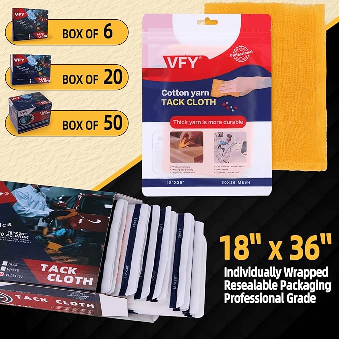Tack Cloth 20-PC, Individual Wrapping High Tack Yellow, 18"x 36" Size, 20x16 Mesh Tack Rags, Reclosable Zipper Bag, Wax & Silicone Free Anti-Static for Woodworking, Automotive Painting & Sanding