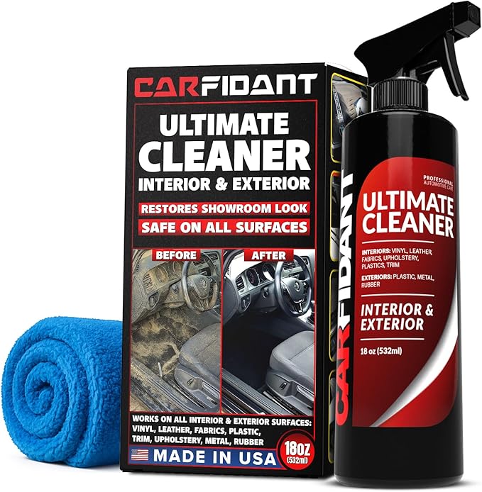Carfidant Ultimate Cleaner – Car Seat Cleaner & Stain Remover, Upholstery & Interior Cleaner for Fabric/Cloth, Leather, Carpet, Vinyl & Plastic – 18 oz + Microfiber Towel