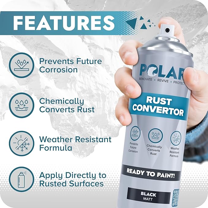 Polar Rust Converter Spray - 2 x 17 Fl Oz| Matte Black | Effective Rust Converter for Metal | Weather Resistant Protection Against Corrosion | Ideal for Vehicles, Trailers, Fences & Storage Tanks