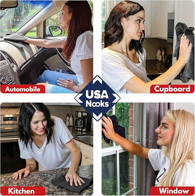 USANOOKS Microfiber Cleaning Cloth - 1200 Washes, Ultra Absorbent Towels Grip Root Weave Grime - 24pack - Black