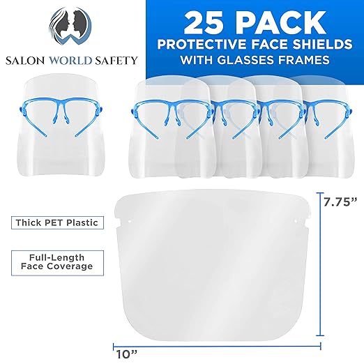 TCP Global Salon World Safety Face Shields with Blue Glasses Frames (Pack of 25) - Ultra Clear Protective Full Face Shields to Protect Eyes, Nose, Mouth - Anti-Fog PET Plastic, Goggles