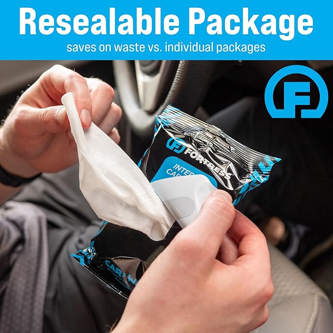 Fortress Car Wipes with Microfiber Cloth (25 ct, Pack of 5) for Interior Cleaning, Dashboard, Seats, Detailing, Steering Wheel [Travel Size] Skin-Safe Cleaner Supplies