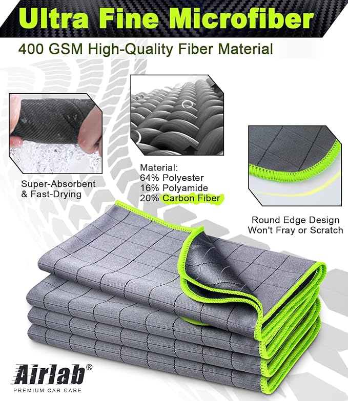 Airlab Carbon Microfiber Towels for Car Drying Window Glass Cleaner Magic Cleaning Cloth Auto Detailing Car Wipes Lint Free Rags Large Towel Interior Detailer, Pack of 4, 20" x 16", Grey-Green