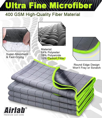Airlab Carbon Microfiber Towels for Car Drying Window Glass Cleaner Magic Cleaning Cloth Auto Detailing Car Wipes Lint Free Rags Large Towel Interior Detailer, Pack of 4, 20" x 16", Grey-Green
