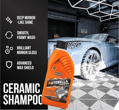 AUTOBELLA Wash & Wax Car Shampoo (33.8 fl oz) – 100:1 Concentrated Foaming Car Wash Soap with Polish, Neutral pH Car Cleaner, Made in Italy