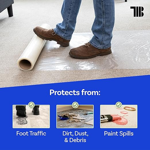 TapeManBlue Carpet Protection Film 24" x 200' roll, Self Adhesive Plastic Carpet Protector Film with Clean Removal & Easy Unwind, Durable Protection Tape to Shield Your Surface from Dirt and Spills