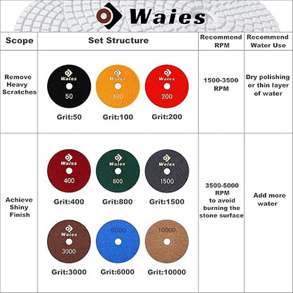 Waies 11 PCS 6 Inch Diamond Polishing Pads Kit Wet/Dry 50-10000 Grit for Concrete,Stone Edge,Granite,Tile,Marble, Rock,Countertop,Quartz,for Drill Grinder Polisher