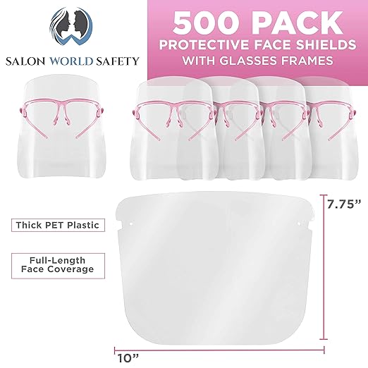 TCP Global Salon World Safety Face Shields with Pink Glasses Frames (Case of 500) - Ultra Clear Protective Full Face Shields to Protect Eyes, Nose, Mouth - Anti-Fog PET Plastic, Goggles