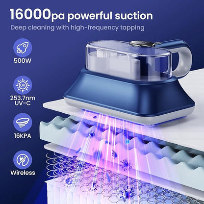 Mattress Vacuum Cleaner Powerful Vibration Cordless Sofa Bed Vacuum Cleaner with UV-C Light, Type-C Charging Port and LED Display, HEPA Filter, Versatile Handheld Vacuums for Bed, Couch, Crib, Carpets