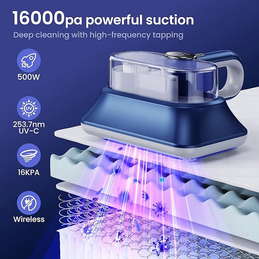 Mattress Vacuum Cleaner Powerful Vibration Cordless Sofa Bed Vacuum Cleaner with UV-C Light, Type-C Charging Port and LED Display, HEPA Filter, Versatile Handheld Vacuums for Bed, Couch, Crib, Carpets