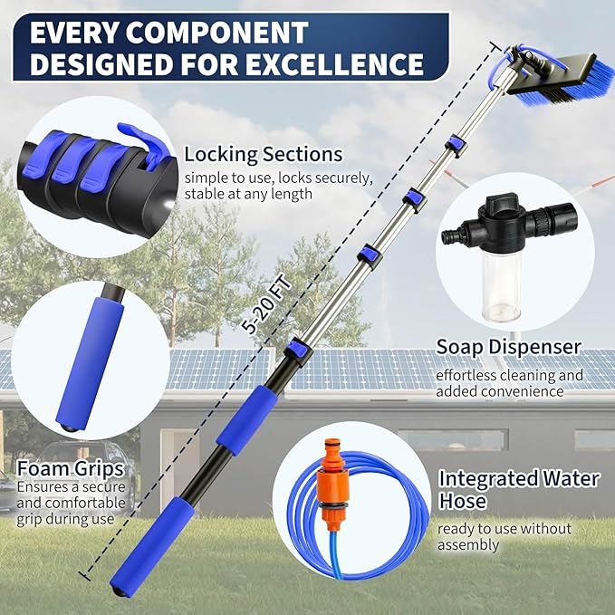 20FT Water Fed Solar Panel Cleaning Kit, Telescopic Solar Panel Cleaning Brush with Extension Pole & Soap Dispenser for Household & Outdoor
