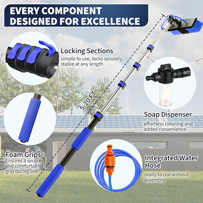 20FT Water Fed Solar Panel Cleaning Kit, Telescopic Solar Panel Cleaning Brush with Extension Pole & Soap Dispenser for Household & Outdoor