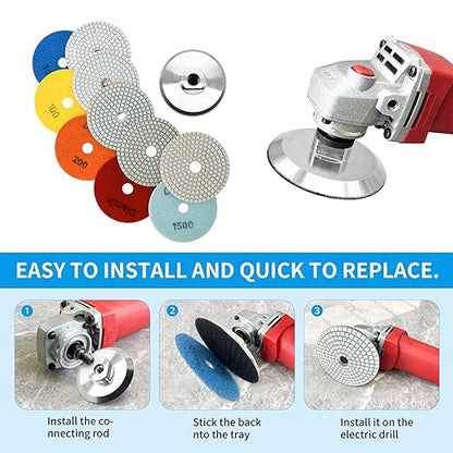 Diamond Polishing Pads 4 Inch Set Tile Wet Dry Polishing Pads Kit Including 50-3000 Grit with 5/8-11 Aluminum Backing Padfor Drill Grinder Polisher,Granite Stone Concrete Marble Polishing（11 PCS）