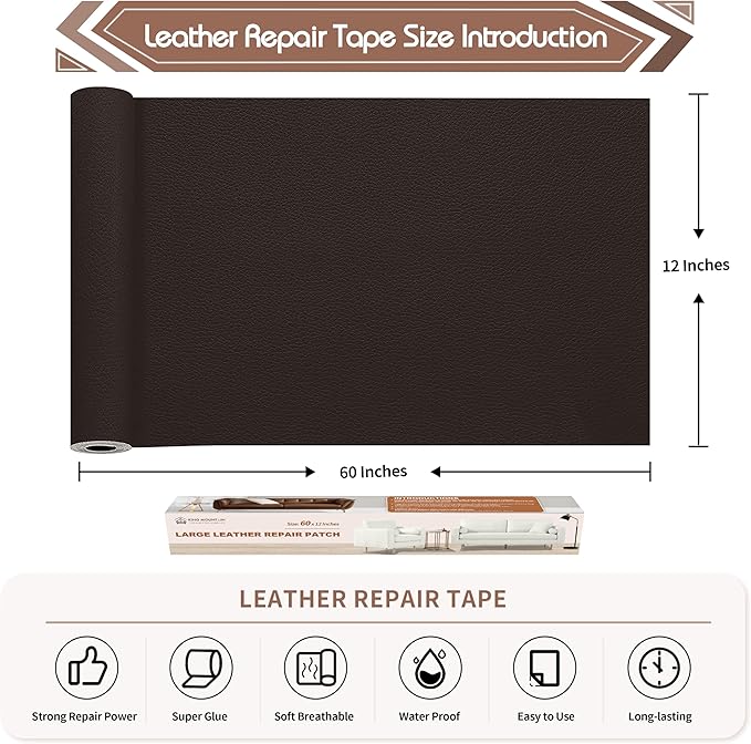 KING MOUNTAIN Leather Repair Patch,12 x 60 Inches self Adhesive Leather Repair Tape for Damaged Leather Furniture, Sofa Seating,Car Seats, Leather Goods（Dark Brown）